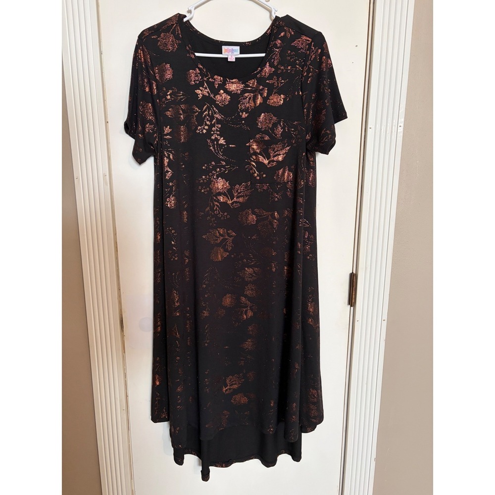 LuLaRoe Carly Dress Small Black Rose Gold Metallic Floral Foil High Low Pocket